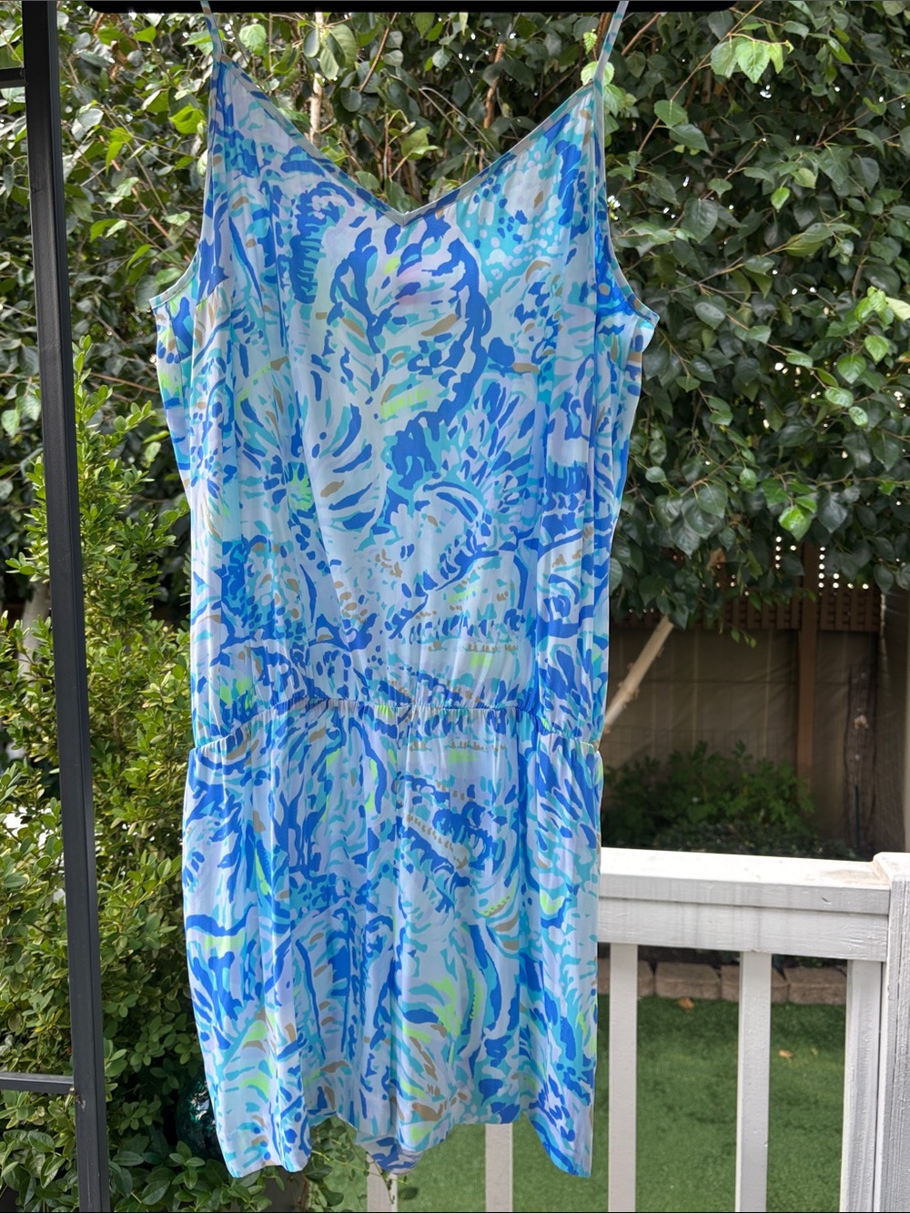 Lilly Pulitzer Deanna Aqua “Salty Seas” Into The Blue Romper Spaghetti Straps LG